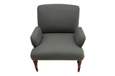 Lot 387 - A VICTORIAN ARMCHAIR UPHOLSTERED IN HOLLAND AND SHERRY BLUE WOOL FABRIC