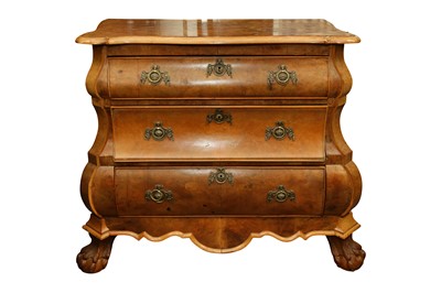 Lot 421 - A DUTCH BURR WALNUT BOMBE CHEST, 19TH CENTURY