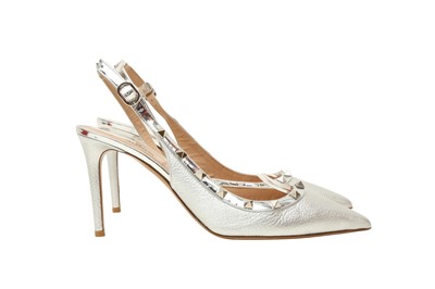 Lot 433 - Valentino Silver Rockstud Sling Back Heeled Pump - Size 41