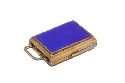 Lot 27 - An early 20th century German sterling silver gilt and guilloche enamel miniature compact combination scent bottle, import marks for London 1925 by P H Vogel