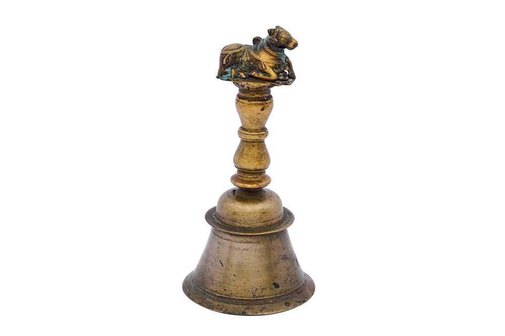 Lot 141 - A CAST BRASS SHAIVA TEMPLE BELL WITH NANDI THE BULL