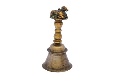 Lot 141 - A CAST BRASS SHAIVA TEMPLE BELL WITH NANDI THE BULL