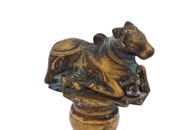 Lot 141 - A CAST BRASS SHAIVA TEMPLE BELL WITH NANDI THE BULL