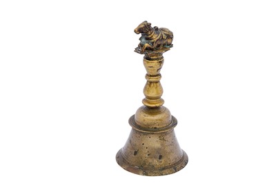 Lot 141 - A CAST BRASS SHAIVA TEMPLE BELL WITH NANDI THE BULL