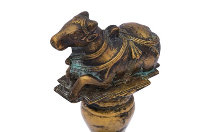 Lot 141 - A CAST BRASS SHAIVA TEMPLE BELL WITH NANDI THE BULL