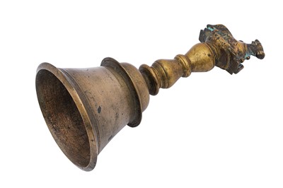 Lot 141 - A CAST BRASS SHAIVA TEMPLE BELL WITH NANDI THE BULL