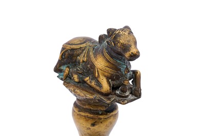 Lot 141 - A CAST BRASS SHAIVA TEMPLE BELL WITH NANDI THE BULL