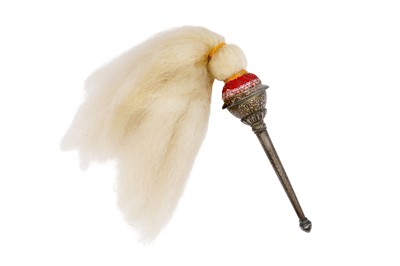Lot 178 - A BIDRI BRASS AND SILVER-INLAID FLY WHISK (CHAUR SAHIB) HANDLE WITH CHEVRON AND FLOWER MOTIF