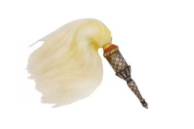 Lot 155 - A BIDRI BRASS AND SILVER-INLAID FLY WHISK (CHAUR SAHIB) HANDLE WITH FLOWER GRID MOTIF