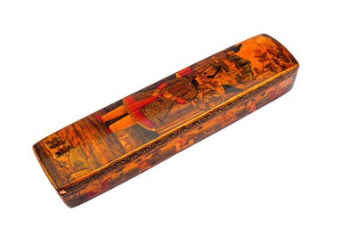 Lot 333 - A QAJAR LACQUERED PAPIER-MÂCHÉ SQUARED PEN CASE (QALAMDAN) WITH MOHAMMAD SHAH QAJAR (1808 - 1848)