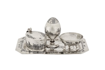 Lot 183 - A mid-20th century Iraqi silver and niello cruet set on tray, Omara or Basra circa 1940