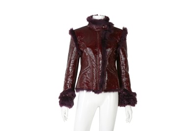 Lot 449 - Versace Plum Leather Fur Trim Jacket - Size 38