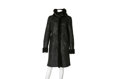 Lot 379 - Prada Black Shearling Fur Collar Coat - Size 44