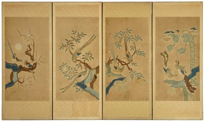 Lot 101 - A RARE PAIR OF KOREAN EMBROIDERED 'SUN AND MOON, BIRDS AND FLOWERS' SCREENS