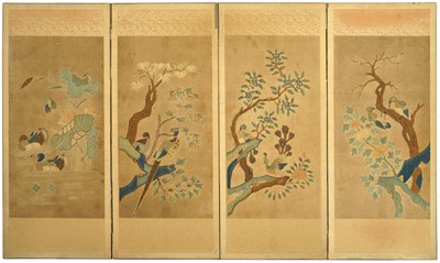 Lot 101 - A RARE PAIR OF KOREAN EMBROIDERED 'SUN AND MOON, BIRDS AND FLOWERS' SCREENS