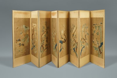 Lot 101 - A RARE PAIR OF KOREAN EMBROIDERED 'SUN AND MOON, BIRDS AND FLOWERS' SCREENS
