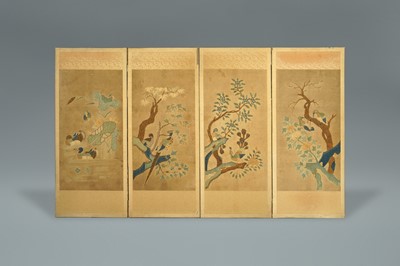 Lot 101 - A RARE PAIR OF KOREAN EMBROIDERED 'SUN AND MOON, BIRDS AND FLOWERS' SCREENS