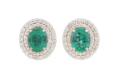Lot 90 - A PAIR OF EMERALD AND DIAMOND EARRINGS