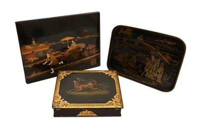 Lot 544 - AN ENGLISH PAPIER MACHE WRITING SLOPE