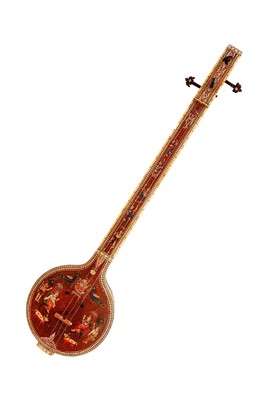 Lot 157 - λ A POLYCHROME-PAINTED, IVORY-INLAID TAMBURA WITH HINDU ICONOGRAPHY