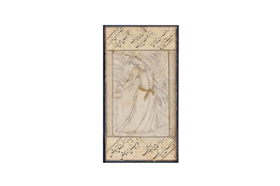 Lot 321 - A MURAQQA’ ALBUM PAGE WITH A PORTRAIT OF A STANDING LADY