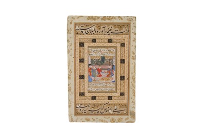 Lot 320 - AN ILLUSTRATED MURAQQA’ ALBUM PAGE WITH NASTA'LIQ CALLIGRAPHY