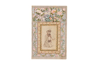 Lot 296 - A QAJAR ILLUSTRATED MURAQQA' ALBUM PAGE WITH SHAH ABBAS I'S SEATED PORTRAIT