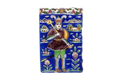 Lot 295 - TWO QAJAR POLYCHROME-PAINTED AND MOULDED POTTERY TILES