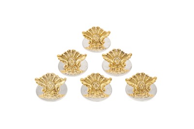 Lot 277 - A set of six Elizabeth II parcel gilt sterling silver place card or menu holders, London 1991 by Comyns