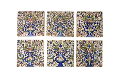 Lot 294 - EIGHTEEN QAJAR POLYCHROME-PAINTED DECORATIVE ARCHITECTURAL POTTERY TILES