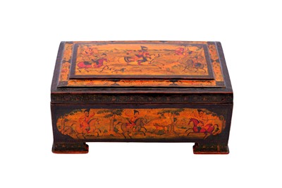 Lot 332 - A QAJAR POLYCHROME-PAINTED LACQUERED PAPIER-MÂCHÉ CASKET WITH HUNTING AND MILITARY SCENES