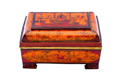Lot 331 - A QAJAR POLYCHROME-PAINTED LACQUERED PAPIER-MÂCHÉ CASKET WITH FATH 'ALI SHAH