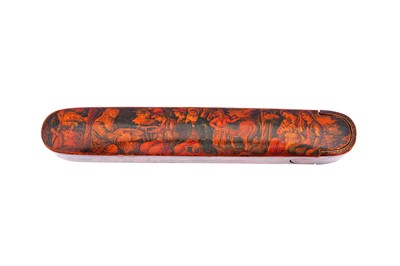 Lot 329 - A QAJAR LACQUERED PAPIER-MÂCHÉ PEN CASE (QALAMDAN) WITH COUNTRYSIDE FIGURAL SCENES