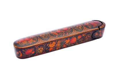 Lot 328 - A QAJAR LACQUERED PAPIER-MÂCHÉ PEN CASE (QALAMDAN) WITH GOL-O-BOLBOL MOTIF