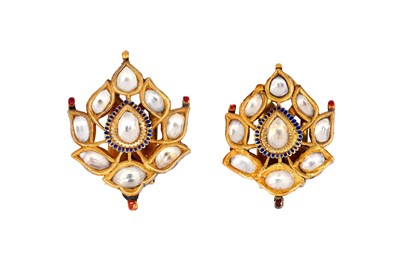 Lot 267 - A PAIR OF POLYCHROME ENAMELLED GEM-SET LOTUS EARRINGS