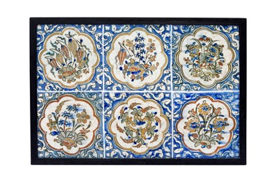 Lot 48 - A PANEL OF SIX POLYCHROME-PAINTED KUBACHI POTTERY TILES