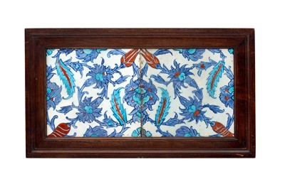 Lot 399 - A PANEL OF TWO IZNIK POTTERY TILES WITH SAZ LEAVES AND LOTUS FLOWERS