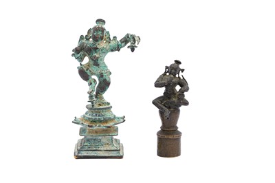 Lot 121 - TWO SMALL SOUTH INDIAN BRONZE FIGURAL FINIALS OF LORD KRISHNA