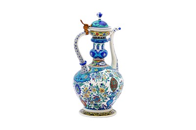 Lot 405 - AN IZNIK-STYLE POLYCHROME-PAINTED SAMSON POTTERY SPOUTED EWER