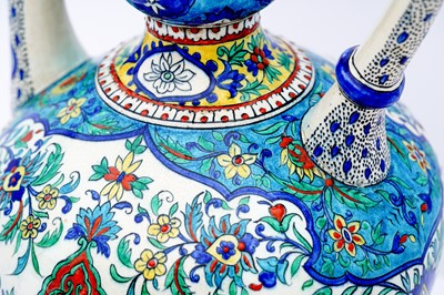Lot 405 - AN IZNIK-STYLE POLYCHROME-PAINTED SAMSON POTTERY SPOUTED EWER