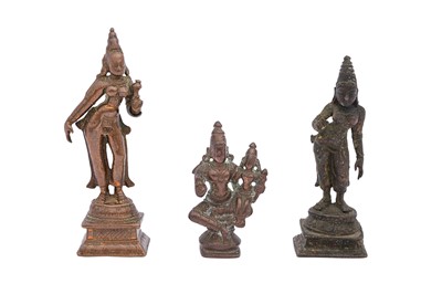 Lot 114 - THREE MINIATURE SOUTH INDIAN BRONZE FIGURINES OF UMA / PARVATI