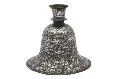 Lot 31 - A BIDRI SILVER-INLAID HUQQA BASE WITH SAILING BOATS AND ANIMAL MOTIFS