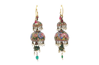 Lot 44 - A PAIR OF LONG QAJAR POLYCHROME-PAINTED ENAMELLED EARRINGS