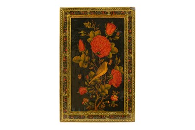 Lot 60 - A QAJAR LACQUERED PAPIER-MÂCHÉ MIRROR CASE WITH GOL-O-BOLBOL MOTIF