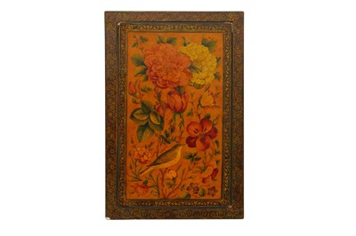 Lot 59 - A QAJAR LACQUERED PAPIER-MÂCHÉ MIRROR CASE WITH GOL-O-BOLBOL MOTIF