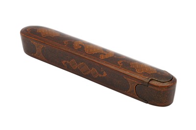 Lot 64 - A SMALL QAJAR LACQUERED PAPIER-MÂCHÉ PEN CASE (QALAMDAN) IN ABU TALEB'S STYLE