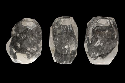 Lot 191 - A SET OF THREE CRYSTAL GLASS CANDLE HOLDERS