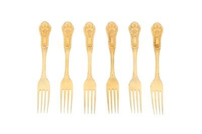 Lot 289 - A rare set of Victorian ‘private die’ sterling silver gilt dessert forks, London 1847 by George Adams of Chawner and Co