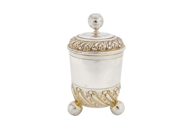 Lot 230 - An early 18th century German parcel gilt silver covered beaker, Augsburg 1708-10 by Johann Fassnacht (b. 1654, meister 1686, d. 1726)