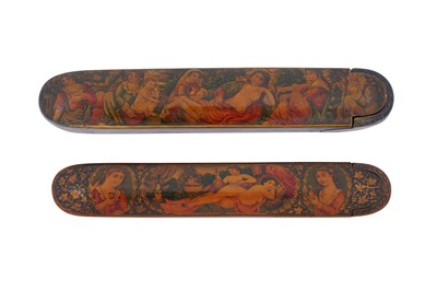 Lot 49 - TWO QAJAR LACQUERED PAPIER-MÂCHÉ PEN CASES (QALAMDAN) WITH RECLINED NUDE WESTERN LADIES